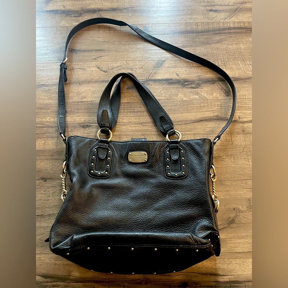 Michael Kors Black Pebbled Leather Studded Tote Bag Gold Hardware Shoulder